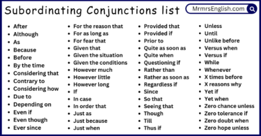 Subordinating Conjunctions list from A to Z in English