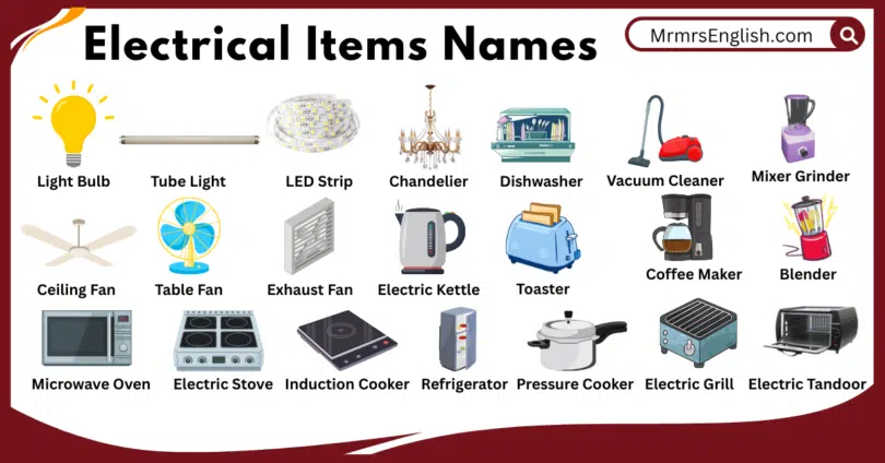 Electrical Items Names with Pictures – Full List for Easy Learning