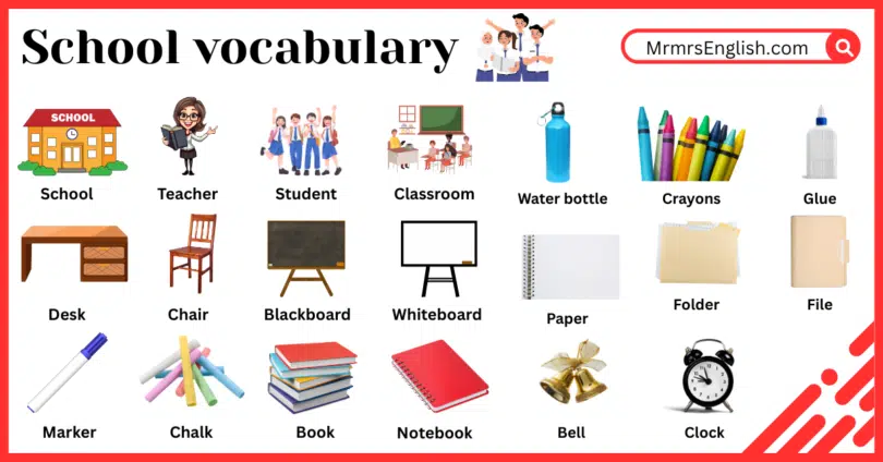 School vocabulary words for kids in English with Pictures