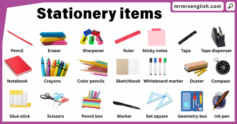 Stationery items names in English with Pictures for kids