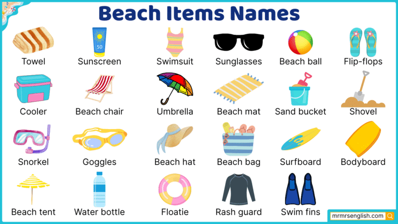 Beach items Names in English with their Pictures