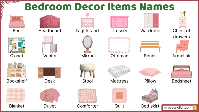 bedroom Decor items Names in English with their Pictures