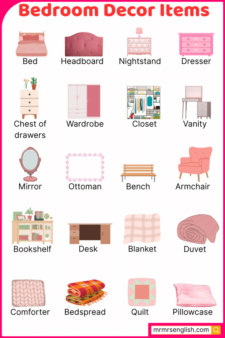 Bedroom Decor items Names in English with their Pictures MR MRS ENGLISH