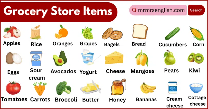 Grocery Store items Names in English with Their Pictures