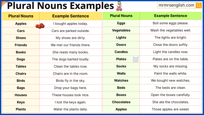 Plural Nouns Examples Sentences in English and Pictures
