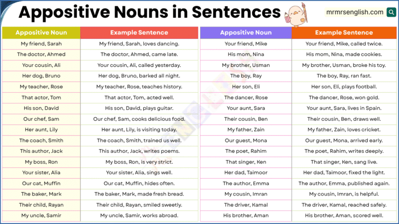 Appositive Nouns Examples Sentences in English with Pictures