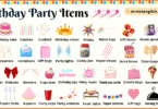 Birthday Party Items Names in English with Their Pictures