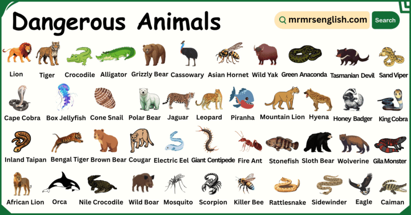 Dangerous Animals Names in English with Their Pictures