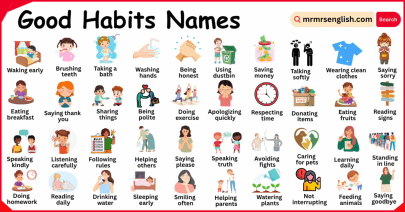 Good Habits Names in English with Their Pictures