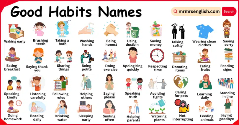 Good Habits Names in English with Their Pictures