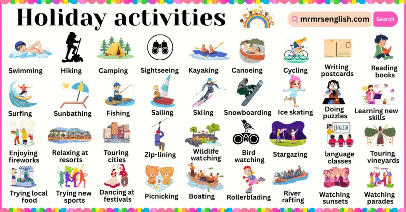 Holiday Activities Names in English with Their Pictures