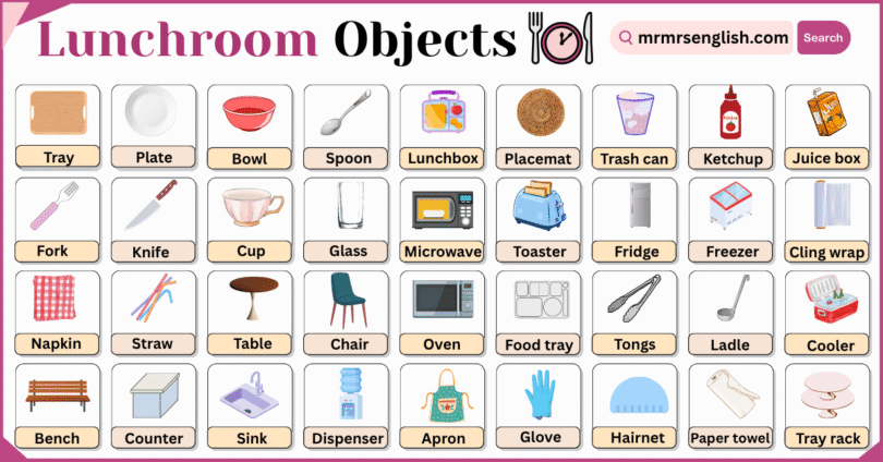 Lunchroom Objects Names in English with Their Pictures