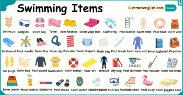 Swimming Items Names in English with Their Pictures