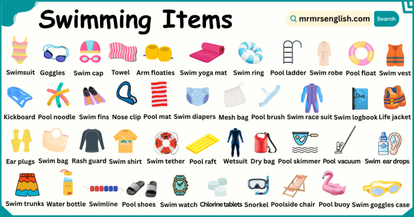 Swimming Items Names in English with Their Pictures