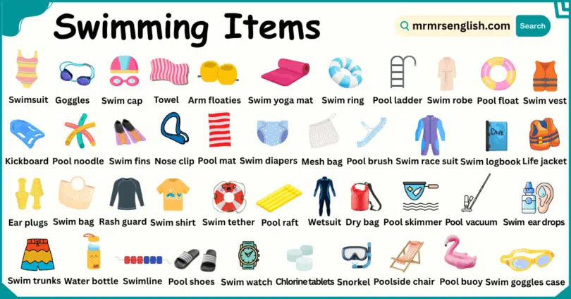 Swimming Items Names in English with Their Pictures
