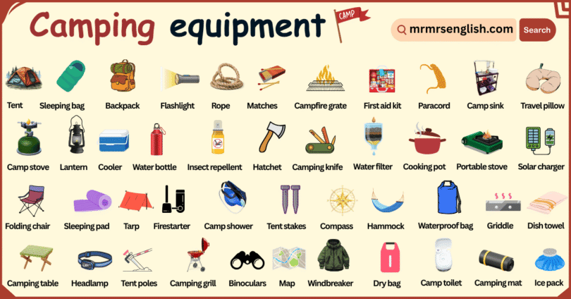 Camping Equipment Names in English with Their Pictures