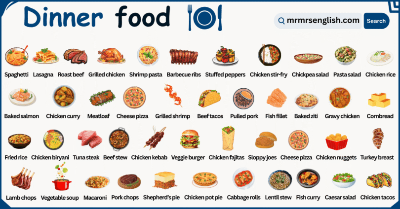 Dinner Foods Names in English with Their Pictures