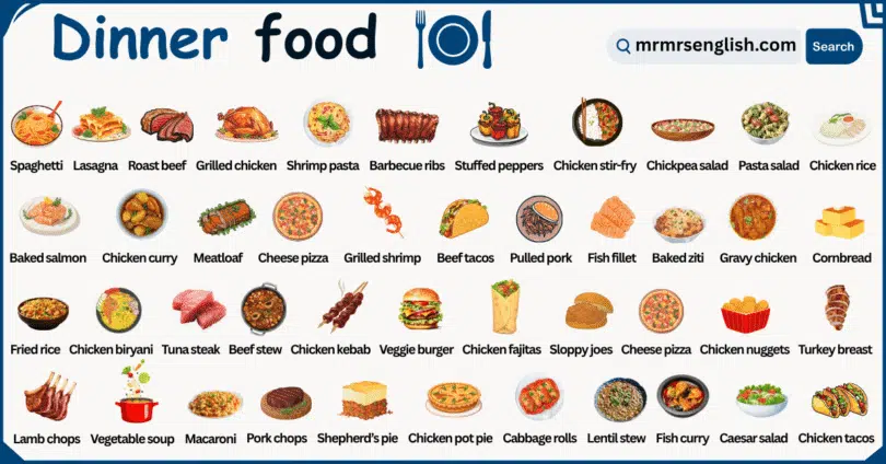 Dinner Foods Names in English with Their Pictures