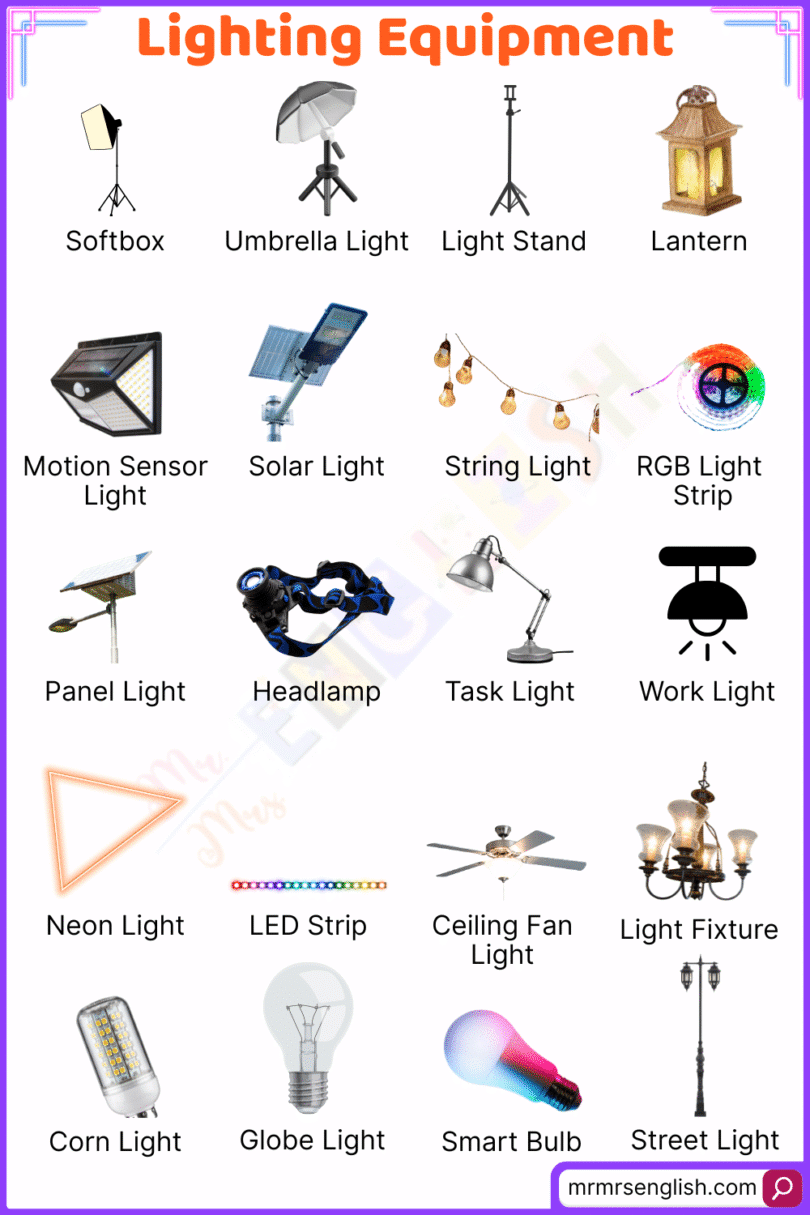 Lighting Equipment Names in English with Their Pictures - MR MRS ENGLISH