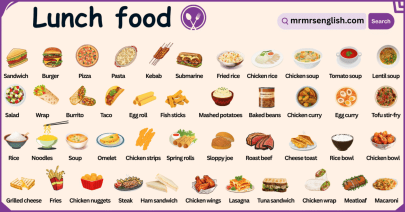 Lunch Food Names in English with Their Pictures