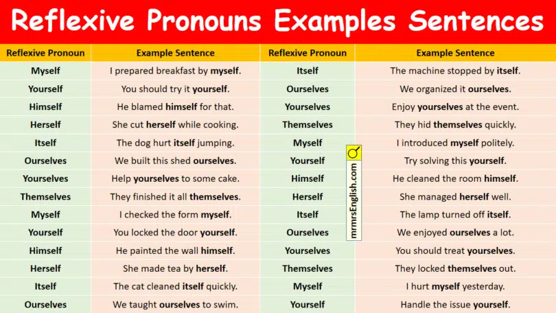 Reflexive Pronouns Examples Sentences in English with Pictures