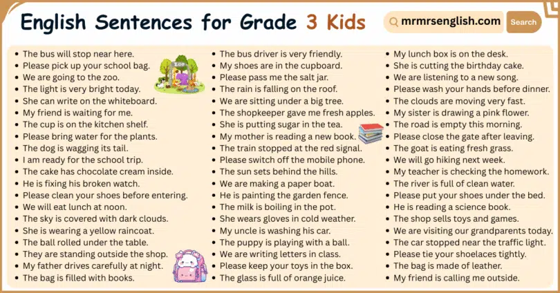 100 English Sentences for Grade 3 with Their Pictures