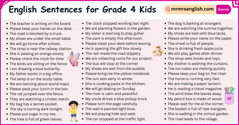 200 English Sentences for Grade 4 Kids with Their Pictures