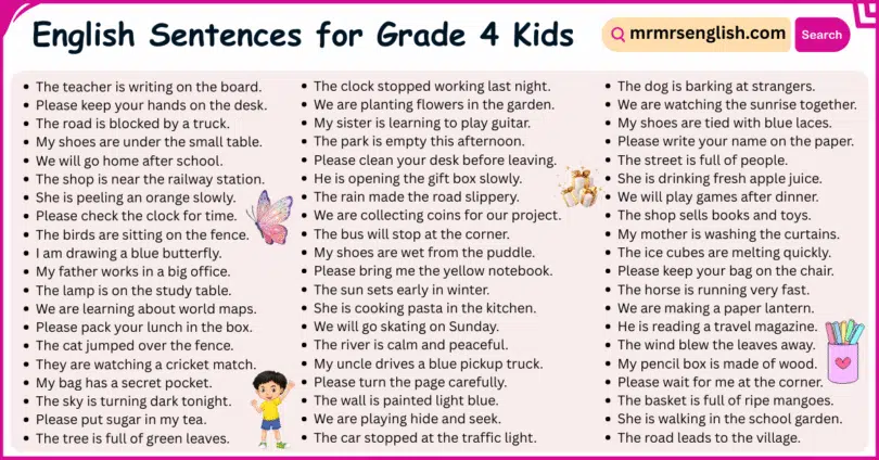 200 English Sentences for Grade 4 Kids with Their Pictures