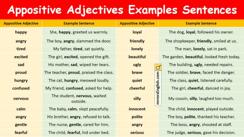 Appositive Adjectives Examples Sentences in English with Pictures