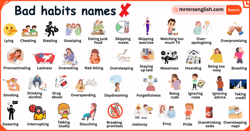 Bad Habits Names in English with Their Pictures