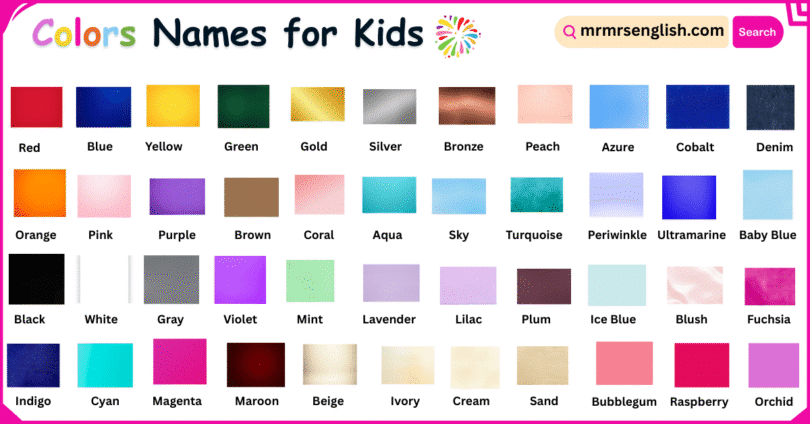Colors Names for Kids in English with their Pictures