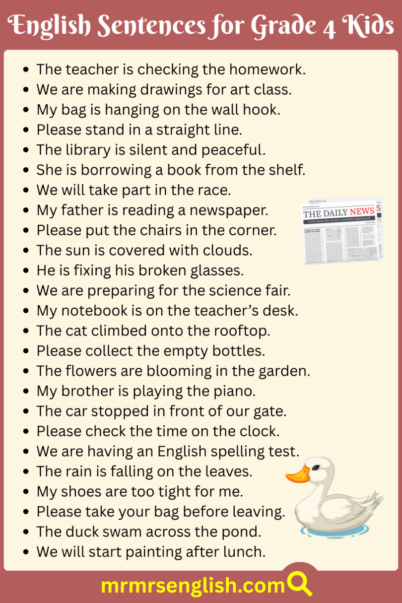 200 English Sentences for Grade 4 Kids with Their Pictures - MR MRS ENGLISH