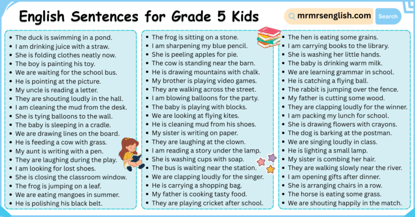 500 Basic English Sentences for Grade 5 Kids with Their Pictures