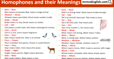 100 Homophones with Their Meanings in English with Pictures