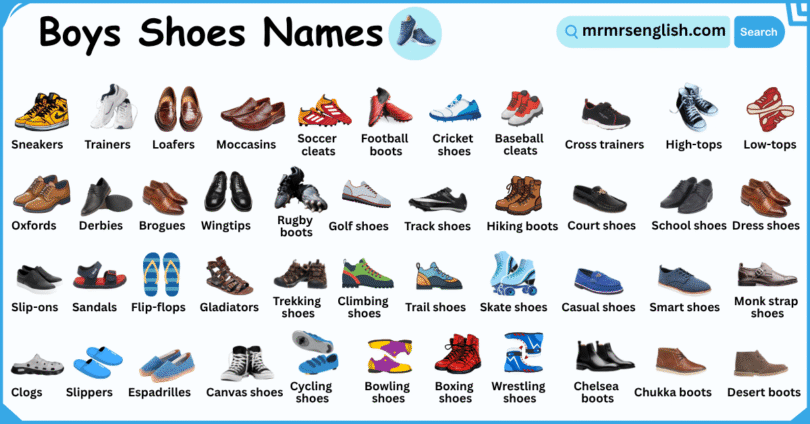 Shoes Names for Boys in English with Their Pictures