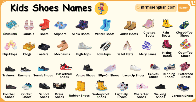 Types of Shoes Names for Kids in English with Pictures