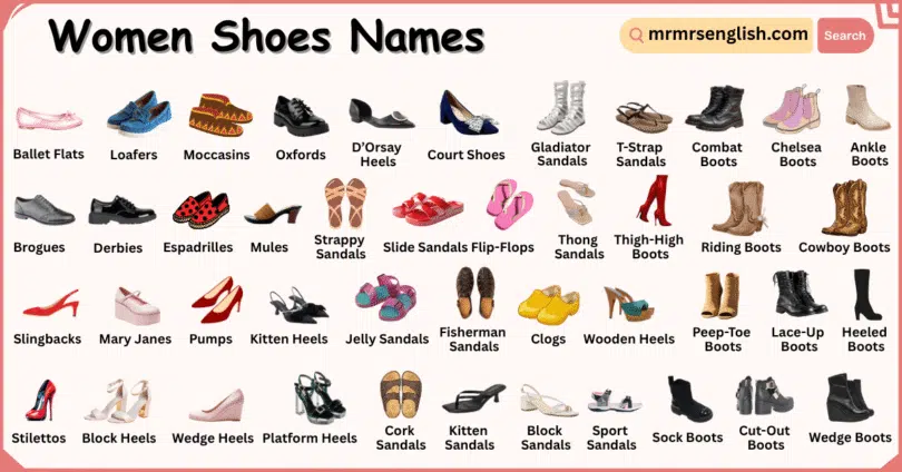 Types of Shoes Names for Women in English with Their Pictures