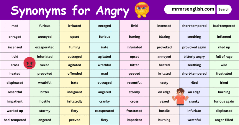 100 Synonyms for Angry in English with their Pictures