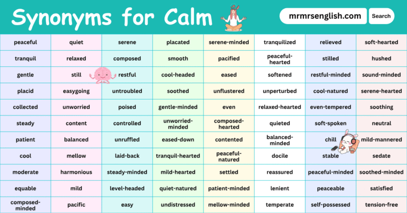 100 Synonyms for Calm in English with their Pictures