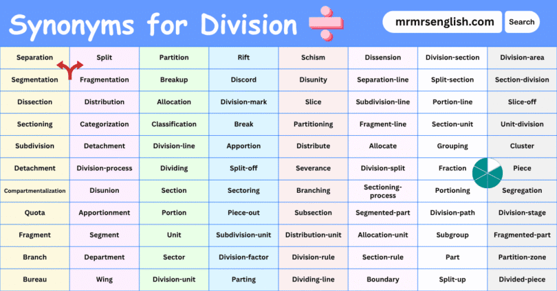 100 Synonyms for Division in English with their Pictures