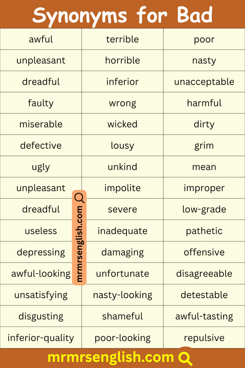 100 Synonyms for Bad in English with their Pictures - MR MRS ENGLISH