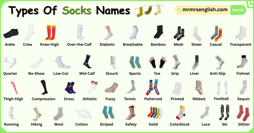 Different Socks Names in English with Their Pictures