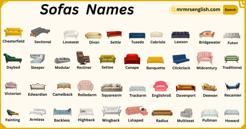 Types of Sofas Names in English with Their Pictures
