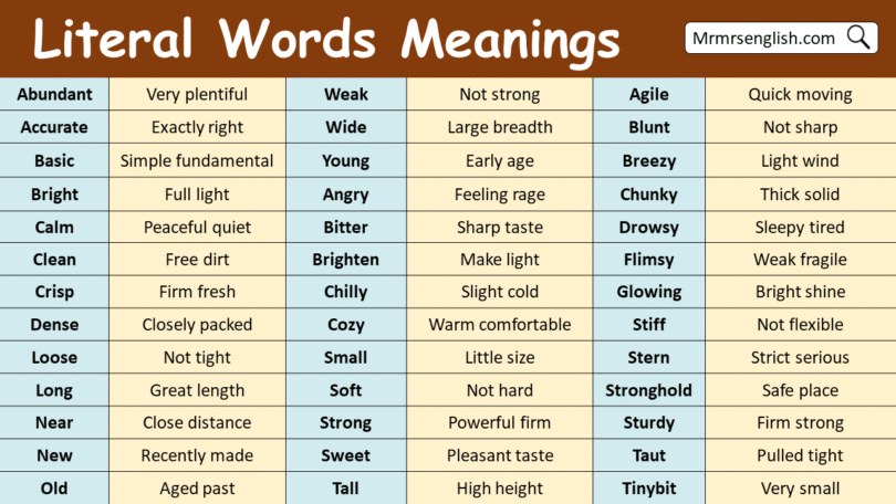 Literal Words with Meanings in English