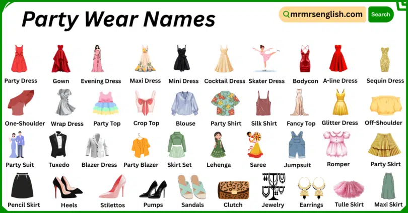 Party Wear Names in English with Their Pictures