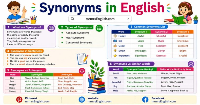 Synonyms in English with definition meanings and Examples