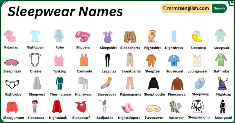 Sleepwear Names in English with Their Pictures