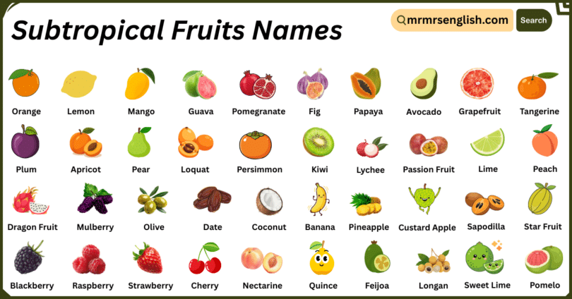 Subtropical Fruits Names in English with Their Pictures