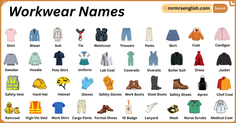 Workwear Names in English with Their Pictures