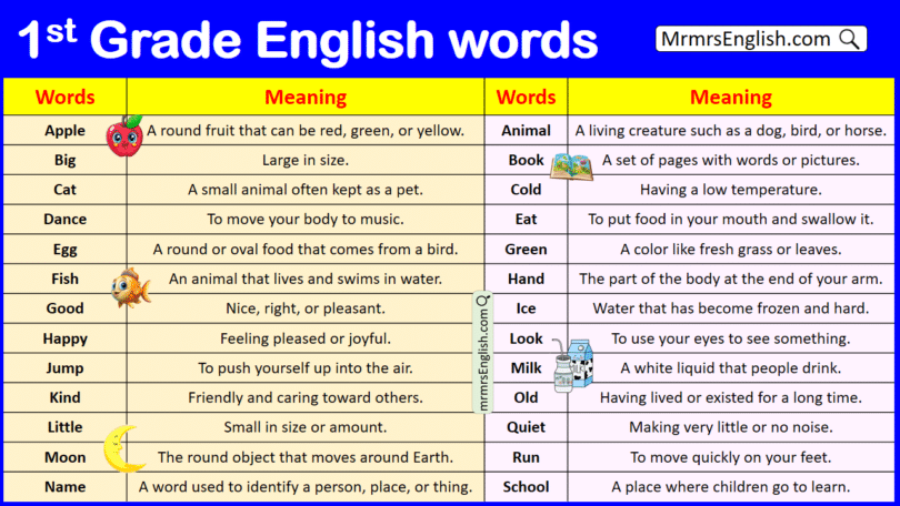 1st Grade Vocabulary Words with meaning in English with PDF